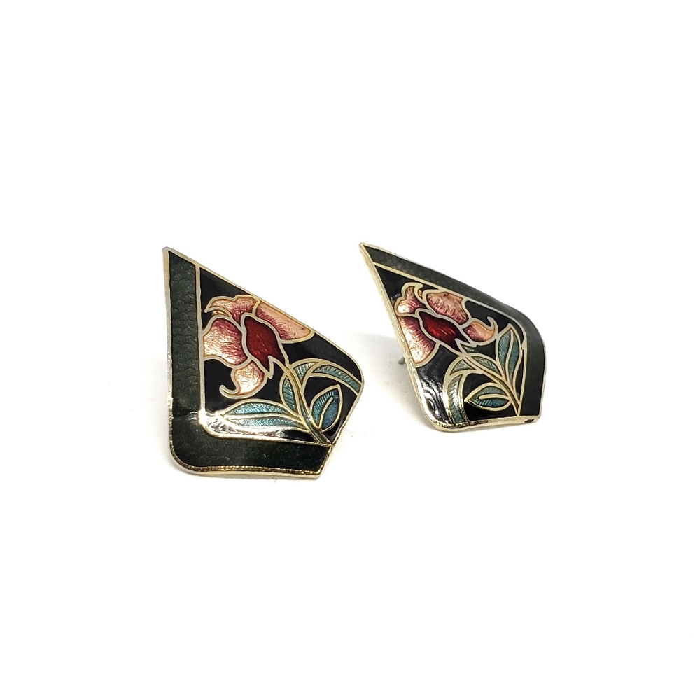 Vintage Cloisonné Diamond shaped earrings - Picture 2 of 5